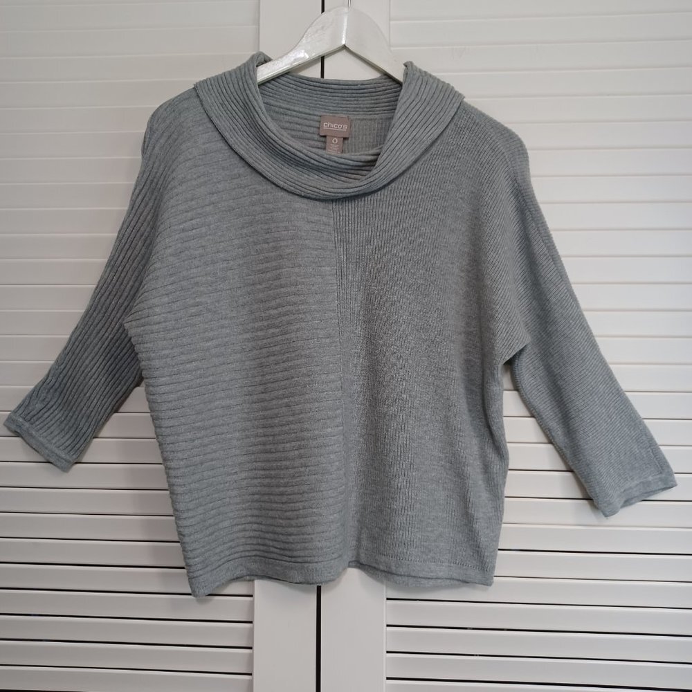 Chicos Top Gray Ribbed Knit Cowl‎ Neck Pullover Sweater Womens Small Chicos 0